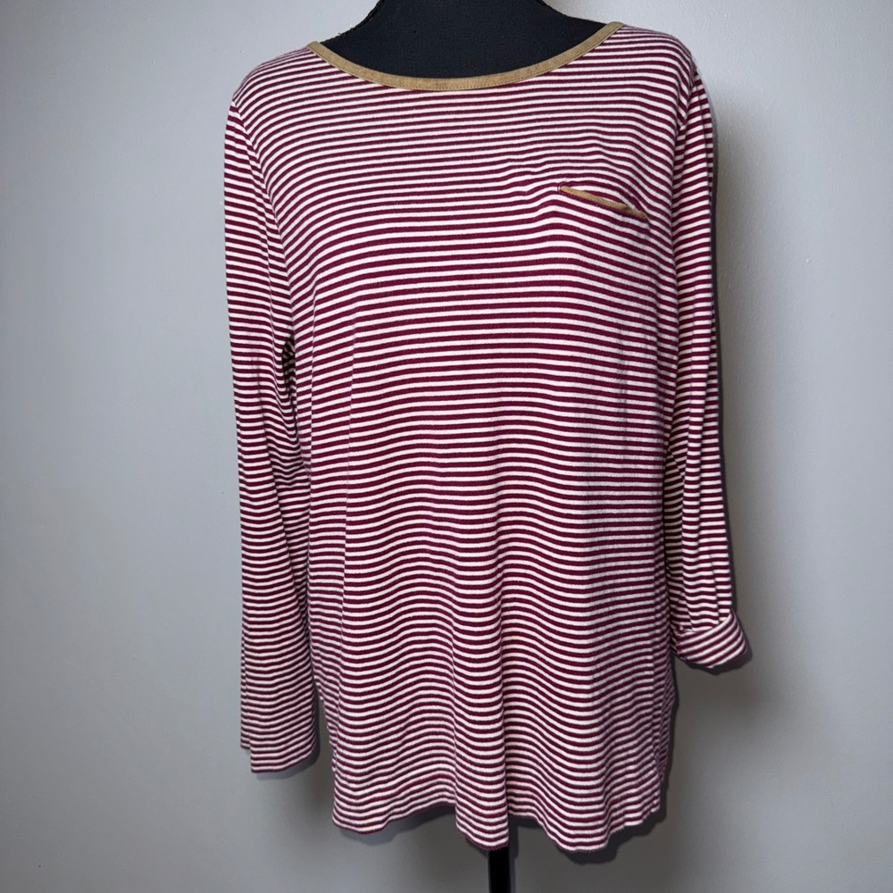 Lauren Ralph Lauren Striped Cotton Top 1X Burgundy White Faux Suede Trim Pocket